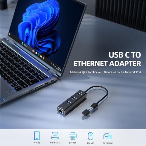 Ethernet Adapter, Tymyp 4 Port USB to Ethernet Adapter, 3 Ports USB 3.0 Ethernet Hub with RJ45 1Gbps Gigabit Ethernet Link, USB Network Adapter with USB C Interface for Laptop in Saudi Arabia