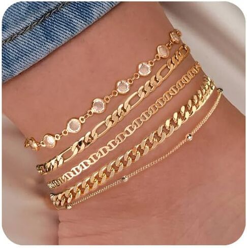 Gold Ankle Bracelets for Women, Dainty 5Pcs 14k Gold Plated Anklets for Women Waterproof Cuban/Figaro/Herringbone/Mariner Link Chain Anklets Set Summer Jewelry Gifts for Women Teen Girls in Saudi Arabia