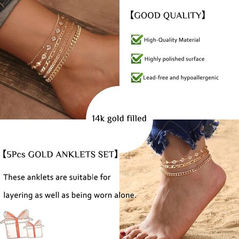 Gold Ankle Bracelets for Women, Dainty 5Pcs 14k Gold Plated Anklets for Women Waterproof Cuban/Figaro/Herringbone/Mariner Link Chain Anklets Set Summer Jewelry Gifts for Women Teen Girls in Saudi Arabia