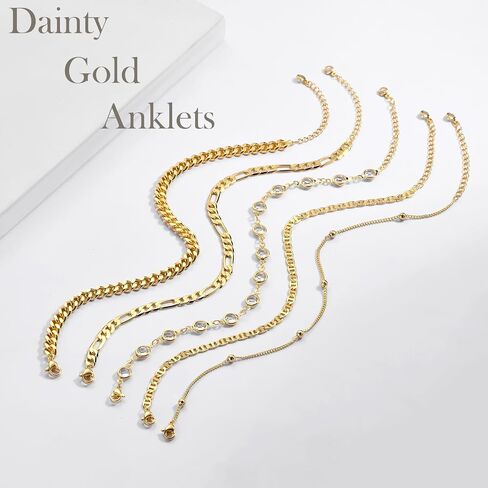 Gold Ankle Bracelets for Women, Dainty 5Pcs 14k Gold Plated Anklets for Women Waterproof Cuban/Figaro/Herringbone/Mariner Link Chain Anklets Set Summer Jewelry Gifts for Women Teen Girls in Saudi Arabia