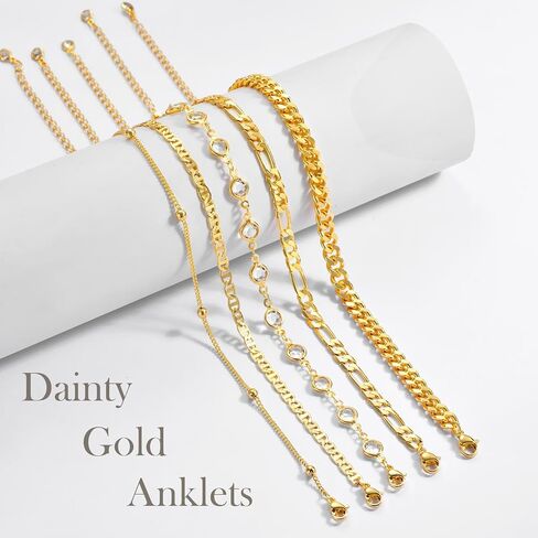 Gold Ankle Bracelets for Women, Dainty 5Pcs 14k Gold Plated Anklets for Women Waterproof Cuban/Figaro/Herringbone/Mariner Link Chain Anklets Set Summer Jewelry Gifts for Women Teen Girls in Saudi Arabia