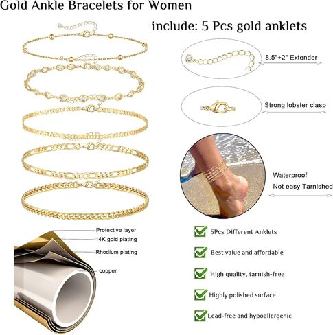 Gold Ankle Bracelets for Women, Dainty 5Pcs 14k Gold Plated Anklets for Women Waterproof Cuban/Figaro/Herringbone/Mariner Link Chain Anklets Set Summer Jewelry Gifts for Women Teen Girls in Saudi Arabia