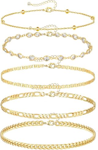Gold Ankle Bracelets for Women, Dainty 5Pcs 14k Gold Plated Anklets for Women Waterproof Cuban/Figaro/Herringbone/Mariner Link Chain Anklets Set Summer Jewelry Gifts for Women Teen Girls in Saudi Arabia