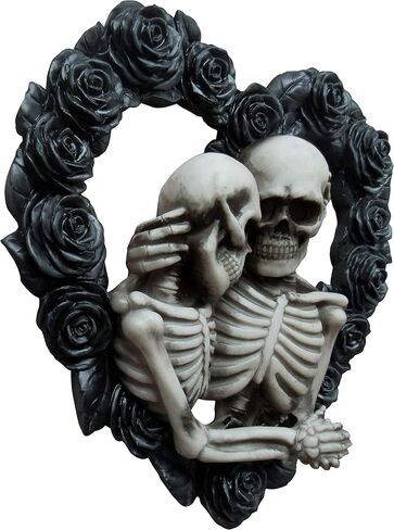 DWK - Our Love is Eternal - Beautiful Gothic Skeleton Lovers Embracing on Black Rose Wreath Wall Sculpture Romantic Goth Valentine's Day Gift Home Decor Accent Door1-13" in Kuwait