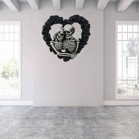DWK - Our Love is Eternal - Beautiful Gothic Skeleton Lovers Embracing on Black Rose Wreath Wall Sculpture Romantic Goth Valentine's Day Gift Home Decor Accent Door1-13" in Kuwait
