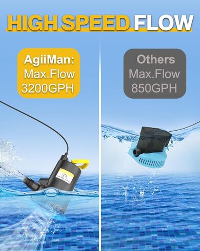 AgiiMan Sump Pump 1/4HP 3200GPH Submersible Water Pump with 10FT Power Cord, 3/4" Check Valve Adapter, Water Pump for Basements Pool Fountains Hot Tub Garden, Yellow in Saudi Arabia