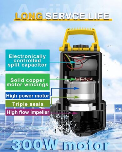 AgiiMan Sump Pump 1/4HP 3200GPH Submersible Water Pump with 10FT Power Cord, 3/4" Check Valve Adapter, Water Pump for Basements Pool Fountains Hot Tub Garden, Yellow in Saudi Arabia