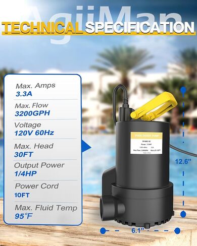 AgiiMan Sump Pump 1/4HP 3200GPH Submersible Water Pump with 10FT Power Cord, 3/4" Check Valve Adapter, Water Pump for Basements Pool Fountains Hot Tub Garden, Yellow in Saudi Arabia