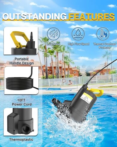 AgiiMan Sump Pump 1/4HP 3200GPH Submersible Water Pump with 10FT Power Cord, 3/4" Check Valve Adapter, Water Pump for Basements Pool Fountains Hot Tub Garden, Yellow in Saudi Arabia