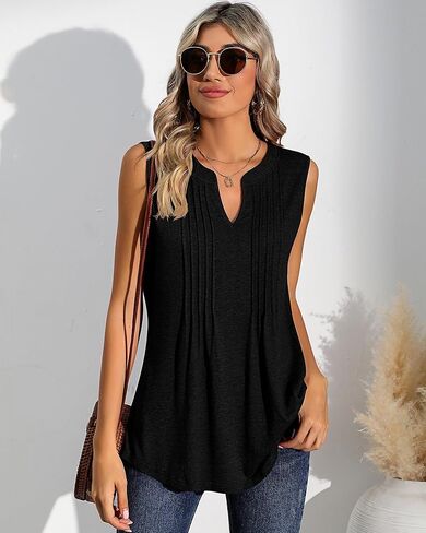 Women's Tank Tops Sleeveless Pleated Tunic V Neck T-Shirts Summer Dressy Casual Loose Blouses 2024 Trendy in Kuwait