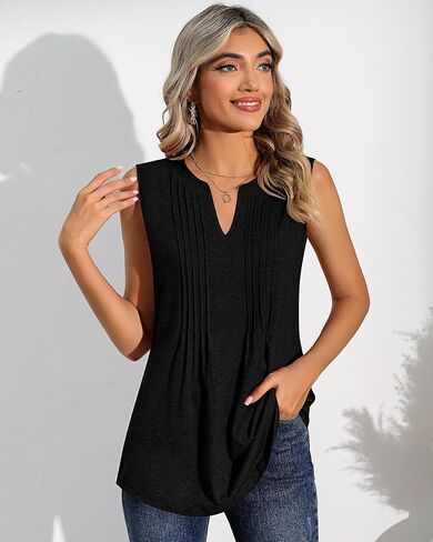 Women's Tank Tops Sleeveless Pleated Tunic V Neck T-Shirts Summer Dressy Casual Loose Blouses 2024 Trendy in Kuwait
