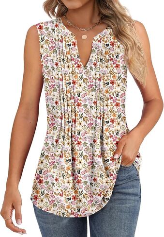 Women's Tank Tops Sleeveless Pleated Tunic V Neck T-Shirts Summer Dressy Casual Loose Blouses 2024 Trendy in Saudi Arabia