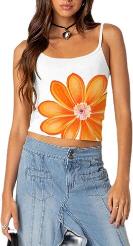 Y2k Floral Tank Top for Women Spaghetti Strap Sleeveless Camisole Vintage Slim Fit Going Out Tops Streetwear in Saudi Arabia