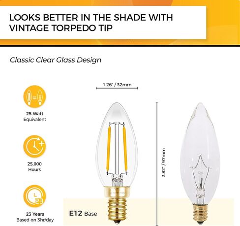 مصابيح إضاءة LED من هيزاشي كانديلابرا 25 وات، مصابيح ثريا قابلة للتعتيم، 90+ CRI، 200LM، أبيض دافئ ناعم 2700K، لمبة E12 LED، B10 مصابيح شموع LED، مدرجة في قائمة UL، 12 حزمة in Kuwait