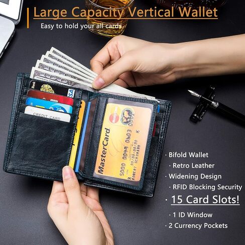 BULLCAPTAIN RFID Blocking Bifold Wallet For Men Genuine Leather Extra Capacity Mens Bifold Wallet With Widening Design QB027 in Kuwait