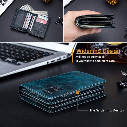 BULLCAPTAIN RFID Blocking Bifold Wallet For Men Genuine Leather Extra Capacity Mens Bifold Wallet With Widening Design QB027 in Kuwait