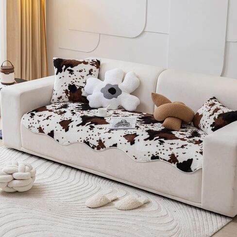 Huraty 31x71 أريكة من الفراء الصناعي الغلاف البني البقرة طباعة حامي أثاث الأريكة الزخرفية زلة غطاء سجادة غرفة معيشة منطقة البساط in Kuwait