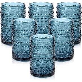 Vintage Glassware Drinking Glasses Set of 6,12 oz Hobnail Glass Cups,Embossed Blue Water Tumbler,for Beer,Cocktail,Whiskey,Juice and Various Mixed Drinks- 1 Cleaning Brush