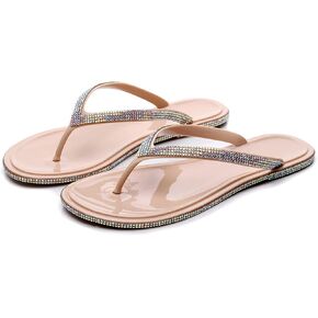 Women's Rhinestone Trimmed Flat Flip Flop Sandals,Transparent Outsole Non-Slip Beach Party Flip Flop Sandals
