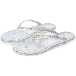 Women's Rhinestone Trimmed Flat Flip Flop Sandals,Transparent Outsole Non-Slip Beach Party Flip Flop Sandals