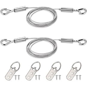 Picture Hanging Wire Kit - 25kg Load Capacity, 2 Pack Adjustable Stainless Steel Wire Rope with D Ring, for Hanging Mirror, Light Lamp, Basket Flowerpot and Decor