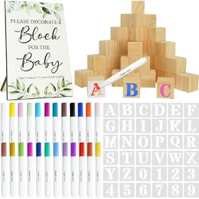Baby Shower Blocks to Decorate 111 Pcs includes 36 Stencils 50 Blank Baby Blocks 24 Acrylic Markers - Plain Wooden Blocks Great for Boho Baby Shower Decorations Gender Reveal Baby Shower Games