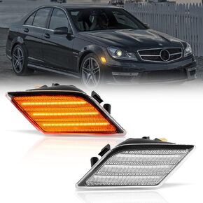 Full LED Front Bumper Side Marker Light Assembly, Amber Blinker Signal Lamp Kit Compatible With 2008-2011 Mercedes W204 C250 C300 C350 & 2008-2013 C63 AMG Driver & Passenger Side-Clear Lens