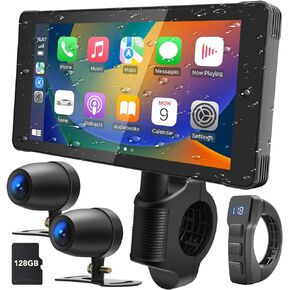 Motorcycle DVR, Dual HD 1080P Cameras, Wireless Apple Carplay & Android Auto Screen for Motorcycle, 5.5 Inch Touch Screen Motorcycle Navigation GPS, Waterproof Stereo, 128GB TF Card