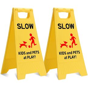 Slow Kids and Pets at Play, 2 Pack Yellow Child Safety & Slow Down Signs, 2-Sided Fold-out Children- Safety Sign for Schools, Neighborhoods, Park, Day Cares, Home Use for Street, Sidewalk, Driveway