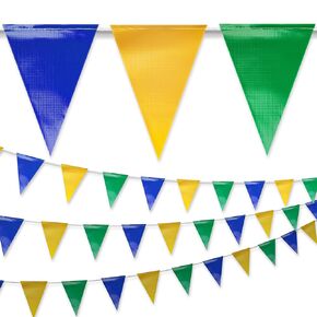 Blue & Yellow & Green Pennant Banner Flags | OSHA 500lb Rated | Strand Fade Resistant 【102FT】