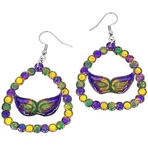 Mardi Gras Purple Green Gold Glitter Mask Handcrafted Hypoallergenic Resin Dangle Earrings; Comes in a Silver Gift Box Ready for Gifting