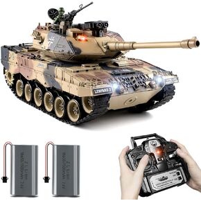 1:18 RC Tank, 2.4Ghz German Leopard II Remote Control Model Toys, RC Vehicle Tank That Shoots BBS and Water Bombs for Adults and Kids, Military Army Toys with Smoke, Lights, Sound and Recoil