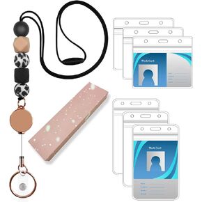 Retractable Lanyards for ID Badges and Keys, Cute Teacher Lanyard with Badge Holder and Reel, Silicone Beaded Lanyard for Women, Nurse, Office with 6 Waterproof Card Holders (01)