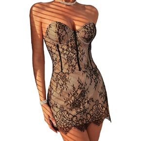 WDIRARA Women's 2 Piece Floral Lace Strapless Underwire Bandeau Tube Dress with Thong