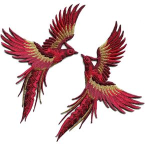 Phoenix Phenix Birds Scarlet red Gold Embroidered Appliques Iron-on Patches Pair Each Patch Measures 3.75 inches Wide (Measured from The widest Point) by 6.25 inches Tall.
