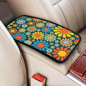 Abstract Hippie Flower Car Armrest Box Cover Cushion Pads for Women,Soft Surface Auto Center Console Lid Cover,Universal Fit for Most Cars,Trucks,Van