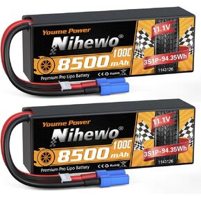 3S Lipo Battery 8500mAh 11.1V Lipo Battery 100C Hard Case with EC5 Connector Compatible with Arrma Axial 1/8 1/10 Scale RC Vehicle Car Truck Buggy Drone Boat RC Models (2Packs)