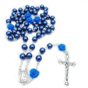 Blue Pearl Glass Rosary Beads Roman Catholic Prayer Crucifix for Men Women Baptism Confirmation Communion Wedding Religious Gifts