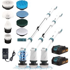 BHY Electric Spin Scrubber - 1200RPM Shower Scrubber Cordless Cleaning Brush with 2 Packs Battery&Charger, 8 Replacement Head,3 Adjustable Extension Handle for Bathroom Tub Tile Floor