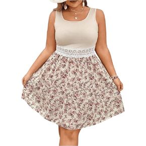 SOLY HUX Women's Plus Size Dress Tropical Print Lace Trim Sleeveless A Line Summer Short Dresses