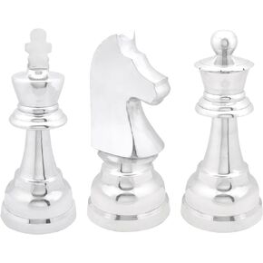Deco 79 Aluminum Metal Chess Decorative Sculpture King, Knight, Bishop Home Decor Statues with Wood Bellies, Set of 3 Accent Figurines 9", 9", 8"H, Brown