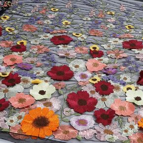 Multicolor 3D Flowers Heavy Embroidery Lace Floral Fabric for Sewing Dresses (Beige Background, 1 Yard)