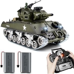 1:18 RC Tank, Metal US M4A3 Sherman Remote Control Model Army Tank That Shoots BBS and Water Bombs, 2.4Ghz RC Vehicle Military Toys with Smoke, Lights, Sound, and Recoil for Kids and Adults