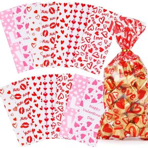 Valentines Day Candy Goody Bags, Valentine Goodie Bags for Kids, 133 Pcs - Valentines Cellophane Treat Bags, Clear Goodie Bags With Ties, Cellophane Cookie Bags, Valentines Day Gift Bags, 7 Designs
