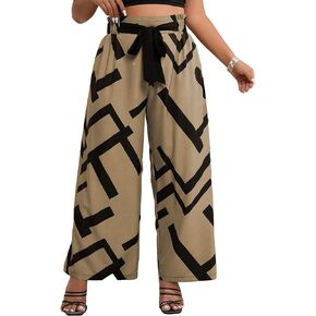 WDIRARA Women's Plus Size Printed Elastic High Waist Tie Front Wide Leg Pants