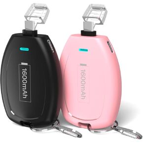 (عبوتان) شاحن محمول بسلسلة مفاتيح USB-C، بنك طاقة صغير 1600 مللي أمبير في الساعة، حزمة بطارية مدمجة للغاية، حلقة مفاتيح لهاتف iPhone 15/15 Plus/15 Pro/15 Pro Max/ Samsung Type-C e4810 scp flip Phone - أسود ووردي in Kuwait