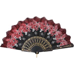 Exquisite Hand Fan Retro Plastic Frame Folding Fan Butterfly Pattern Portable Handheld Fan for Weddings Dances red