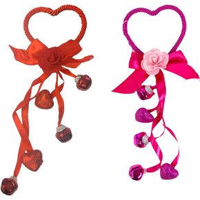 Valentines Decoration Jingle Bells Door Knob Greeter Hanger Shopkeepers Bell Ornaments Bells Hearts and Roses Pink Red Ribbon Embellishments Welcome Friends Family Customers and Patients Set of 2