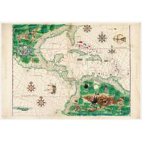 Facsimile US East-coast and Mexico map/print in parchment like gilded paper aka pergamenata or pergamenate from the ATLAS VALLARD - Real size 15 1/3 x 20 1/2 inches