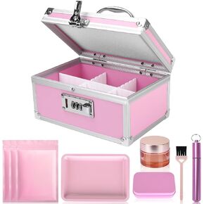 Smell Proof Locking Box With 6 Accessories, Aluminum Smell Proof Medicine Case for Home and Travel，Childproof Medication Organizer Lock box for Valuables, 7.66''x 5.12''x 4.13'' (Pink Set)